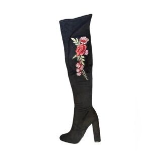 Steve Madden Mozee Rose Embroidered Over The Knee Boots Blk Faux Suede Size 7.5